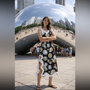 Farm Rio NWT Anthropologie Linen Sleeveless Scallop-Trim Slim Midi Dress size XS